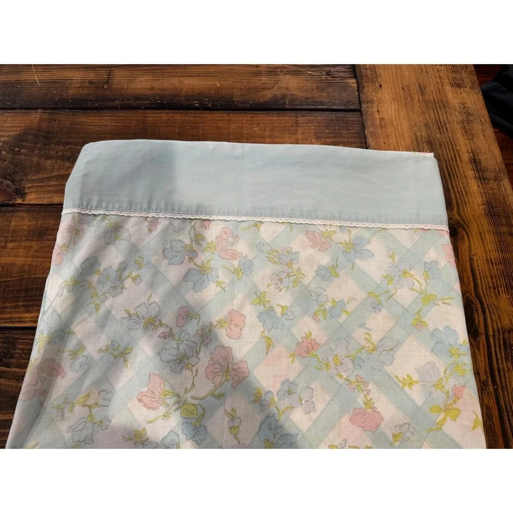 Sears Flat Sheet Full‎ Size Blue Pink Floral Lattice Vintage Lace Trim Good